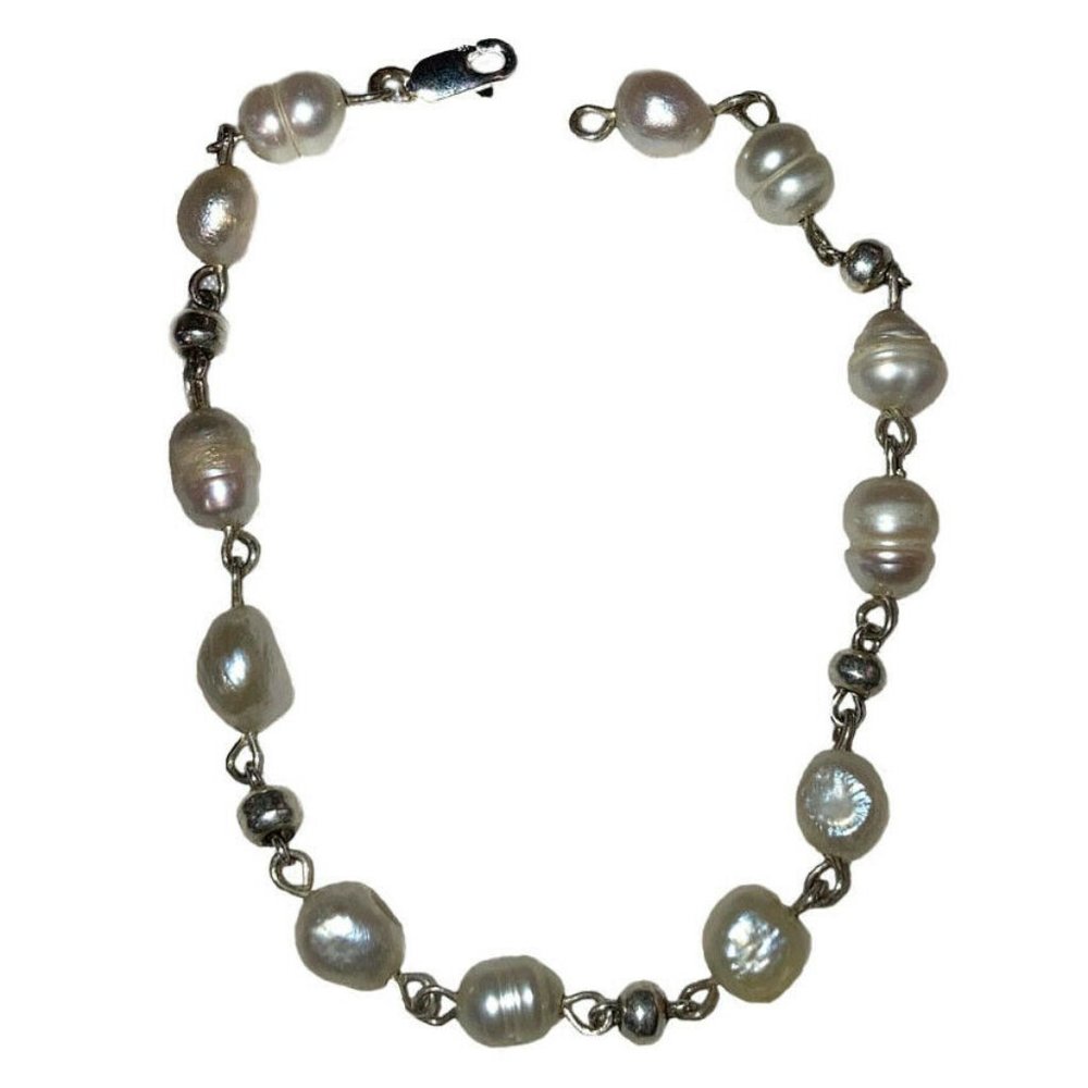 Sterling Silver Pearl Diamond Cut Bead Bracelet
